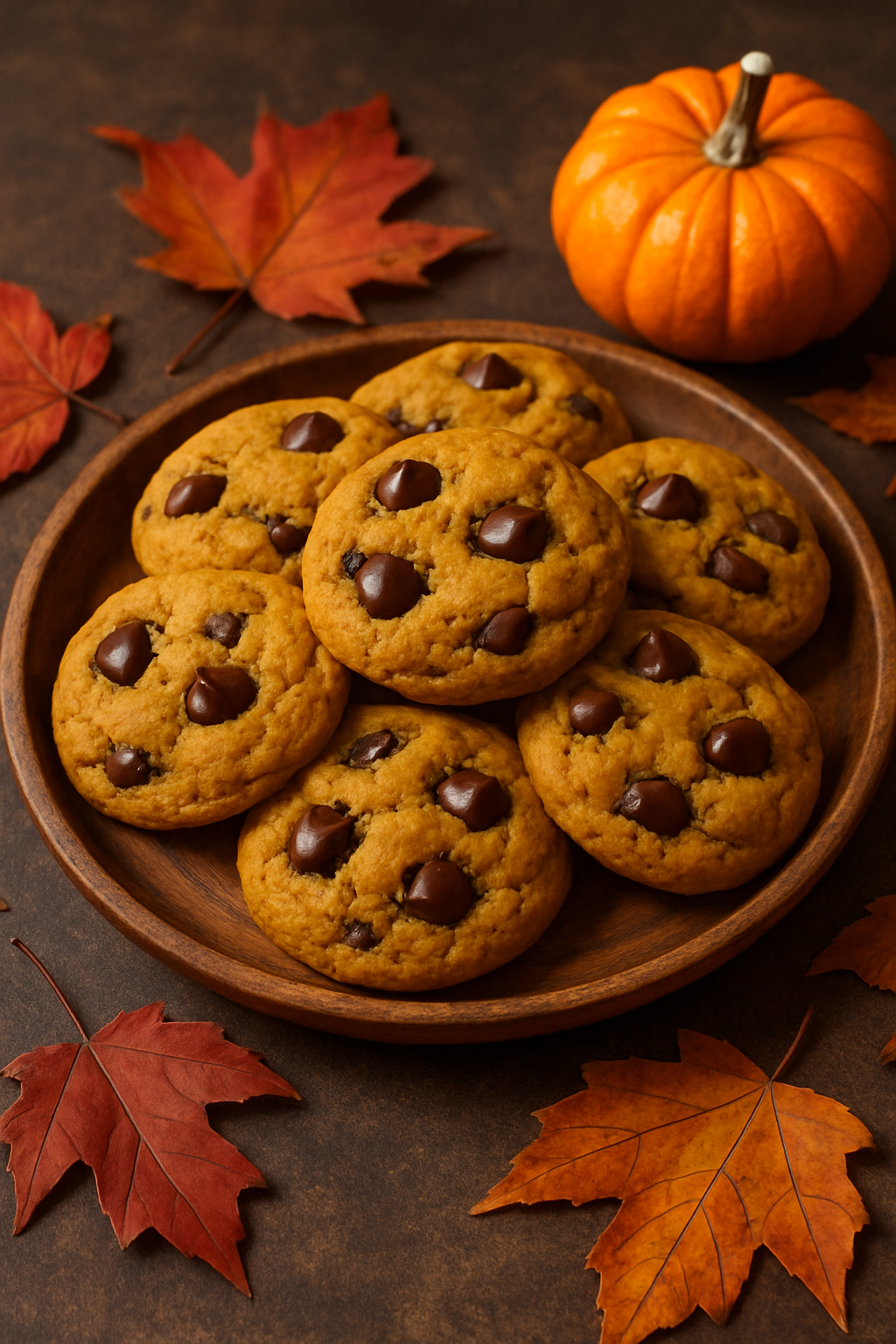 A plate of pumpkin chocolate chip cookies with chocolate chips, surrounded by autumn leaves and a pumpkin.